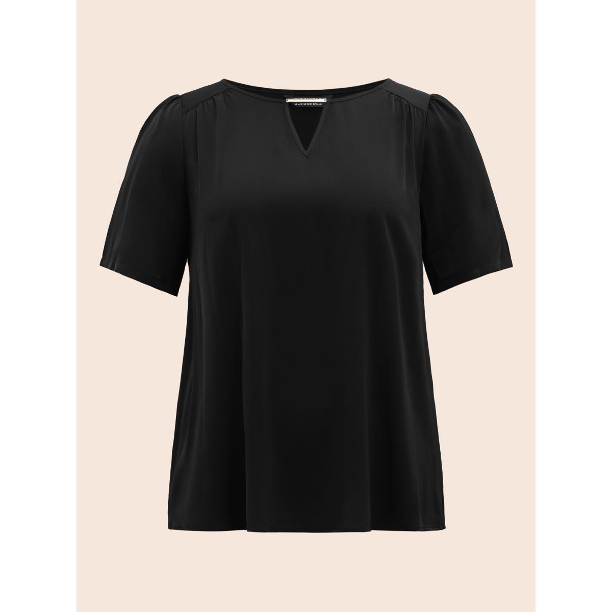 Plus Size Black Anti-Wrinkle Plain Metal Detail Keyhole Neck Blouse Women Office Short sleeve V-neck Work Blouses BloomChic 12/L Product Image