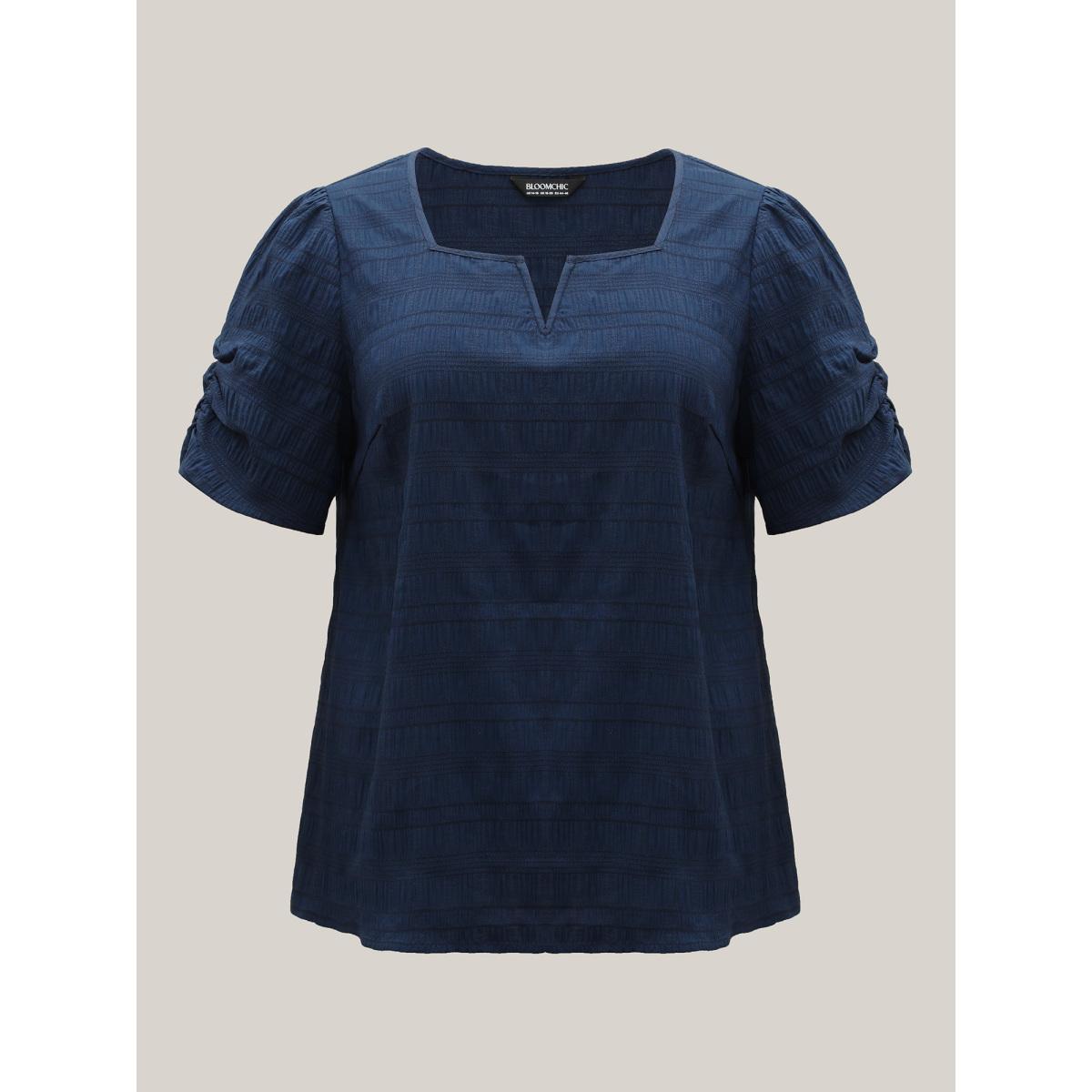 Plus Size DarkGreen Textured Gathered Sleeve Split Neck Blouse Women Office Short sleeve Asymmetrical Neck Office Blouses BloomChic 26/4X Product Image