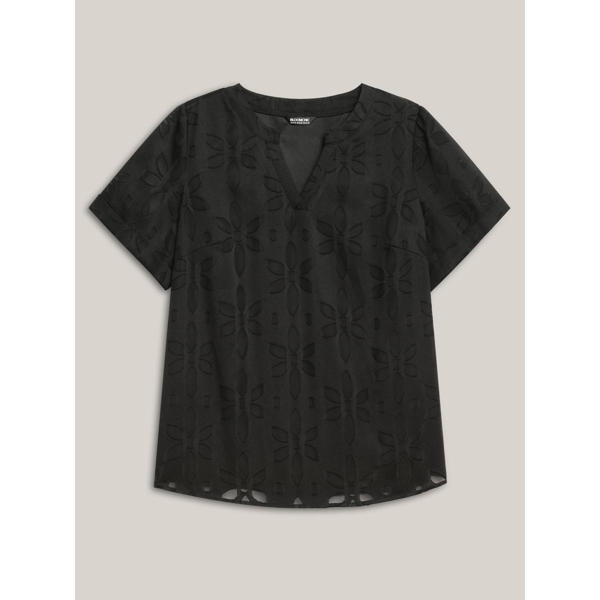 Plus Size Black Floral Cut Print Notched Neck Blouse Women Short sleeve Notched collar Work Blouses BloomChic 14-16/1X Product Image