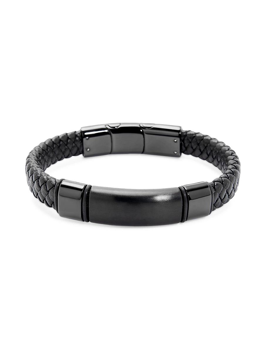 Mens Black Stainless Steel & Braided Leather ID Bracelet Product Image