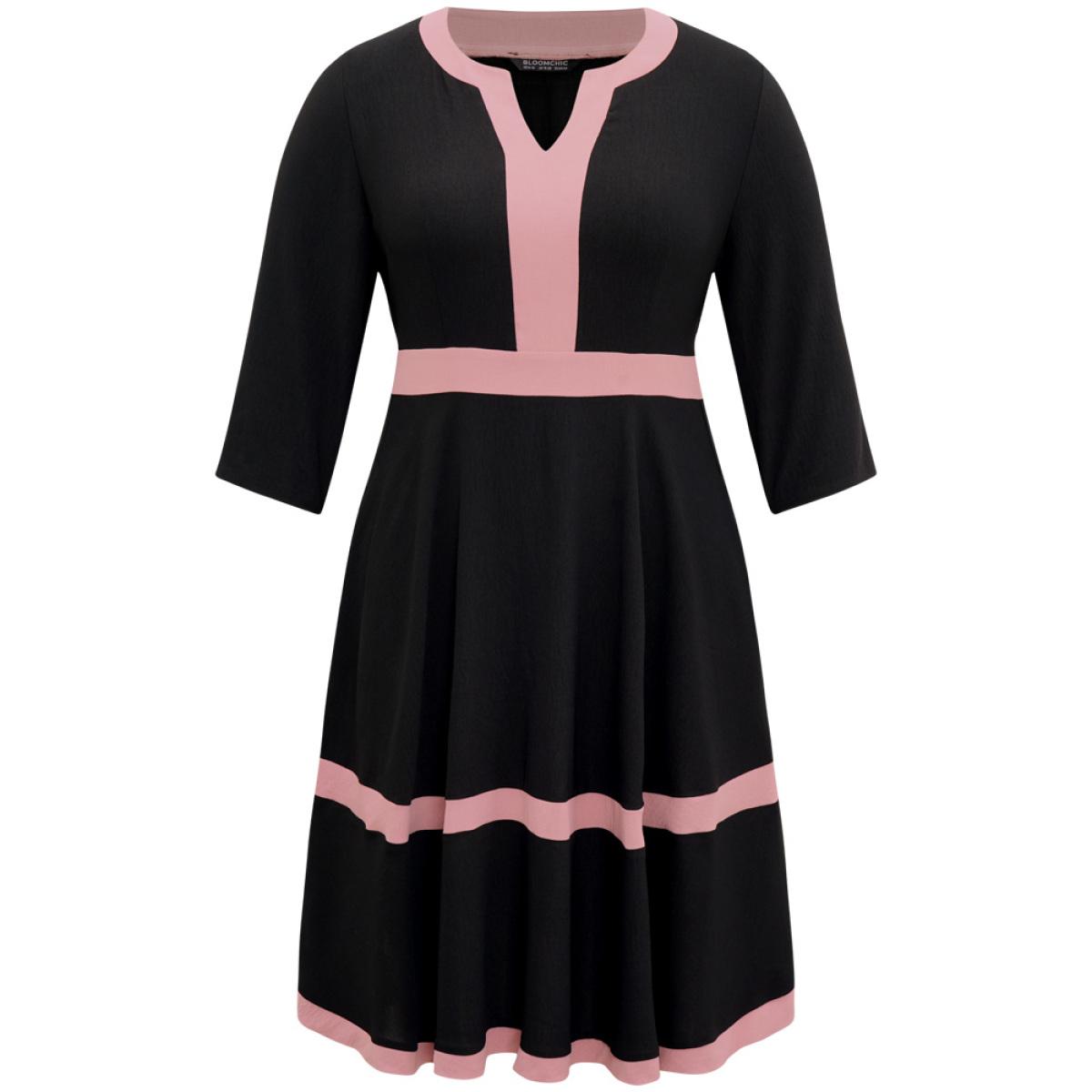 Plus Size Colorblock Contrast Notched Elastic Waist Dress Black Women Casual Contrast Notched collar Elbow-length sleeve Curvy Midi Dress BloomChic 10/M Product Image