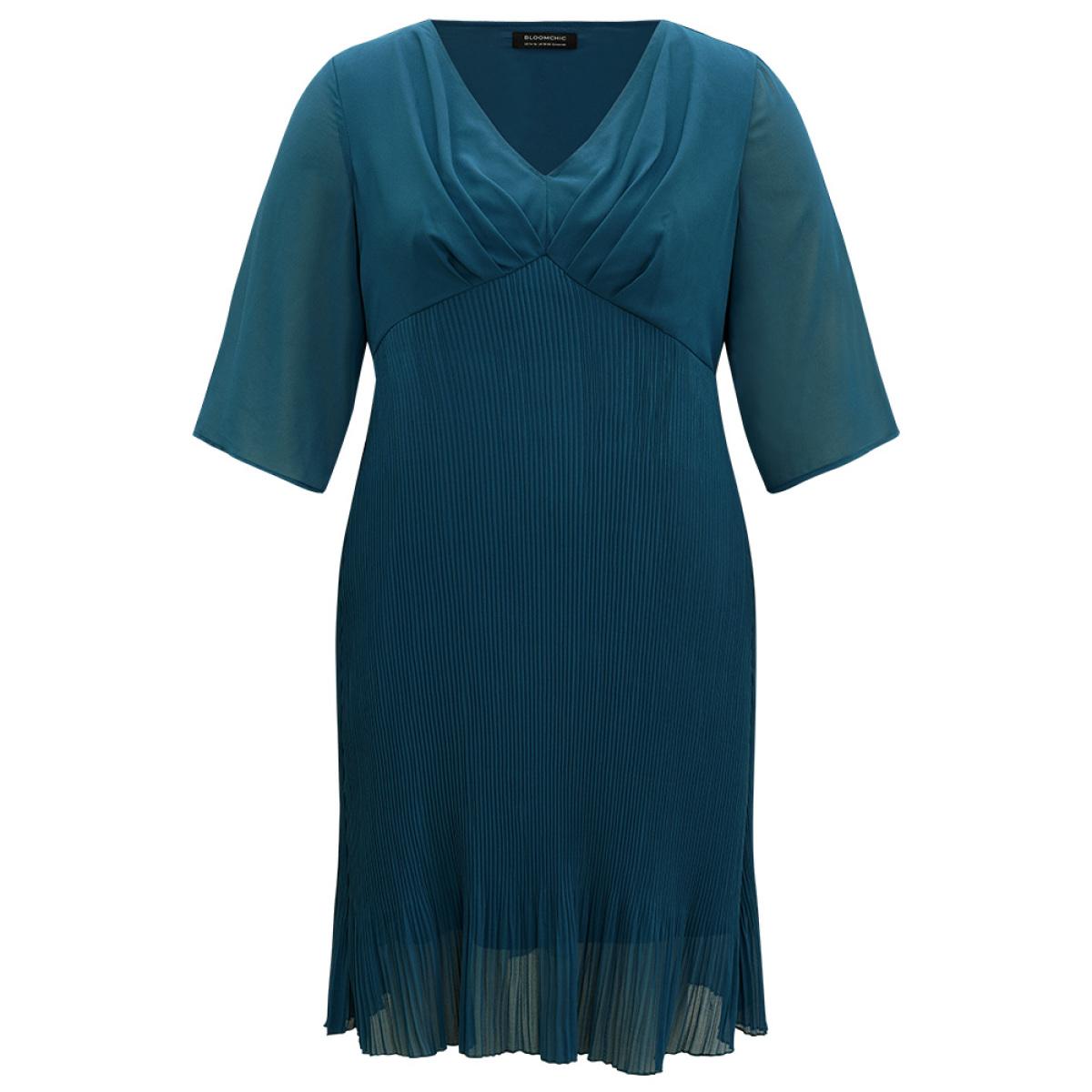 Plus Size Plain Chiffon Pleated V Neck Mesh Dress Cerulean Women Office See through V-neck Elbow-length sleeve Curvy Midi Dress BloomChic 18-20/2X Product Image