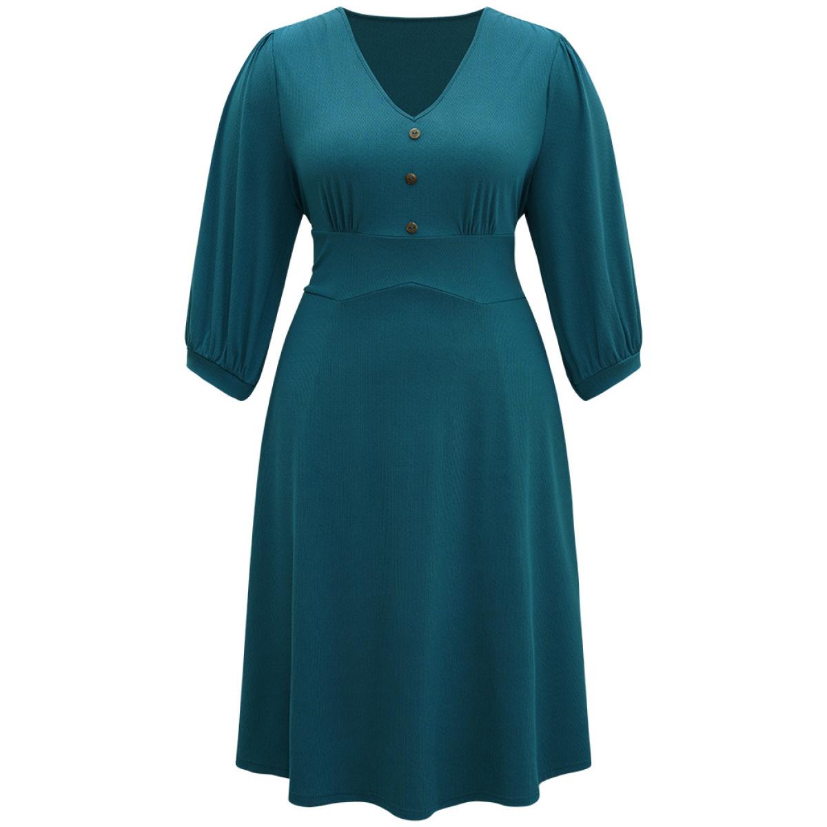 Plus Size Rib Knit Bowknot Ties Button Detail Gathered Dress Aegean Women Casual Plain V-neck Elbow-length sleeve Curvy Midi Dress BloomChic 22-24/3X Product Image