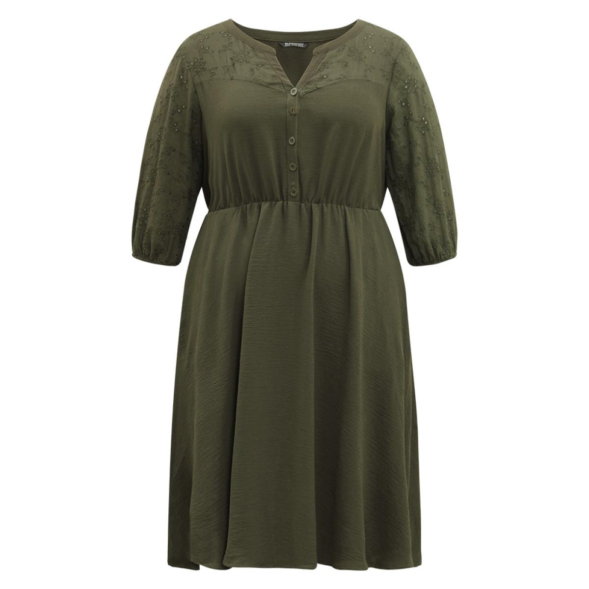 Plus Size Solid Notched Eyelet Patchwork Dress ArmyGreen Women Office Elastic cuffs Notched collar Elbow-length sleeve Curvy Midi Dress BloomChic 10/M Product Image