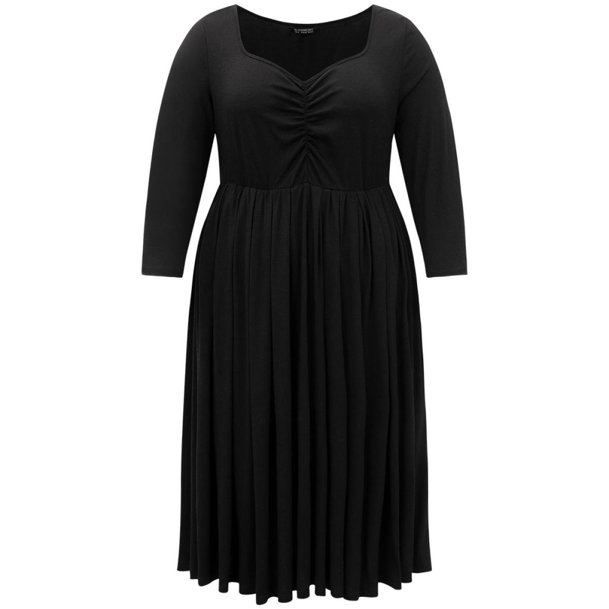Plus Size Supersoft Essentials Square Neck Ruched Dress Black Women Casual Gathered Square Neck Elbow-length sleeve Curvy Midi Dress BloomChic 12/L Product Image