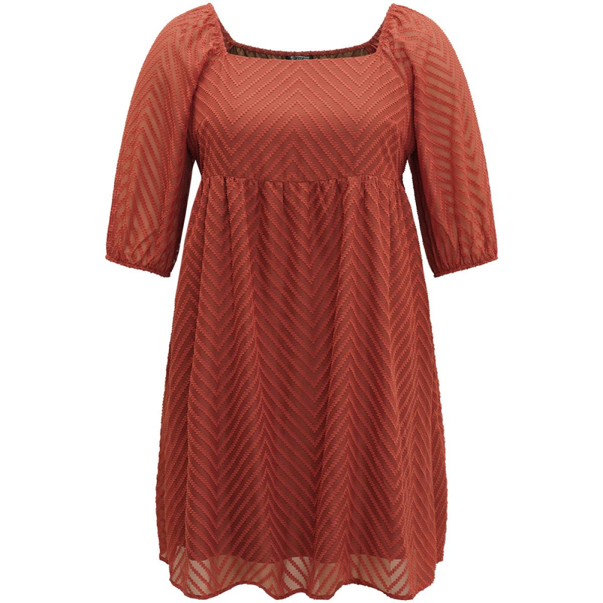 Plus Size Plisse Solid Square Neck Lantern Sleeve Dress Rust Women Office Lined Square Neck Half Sleeve Curvy Midi Dress BloomChic 18-20/2X Product Image