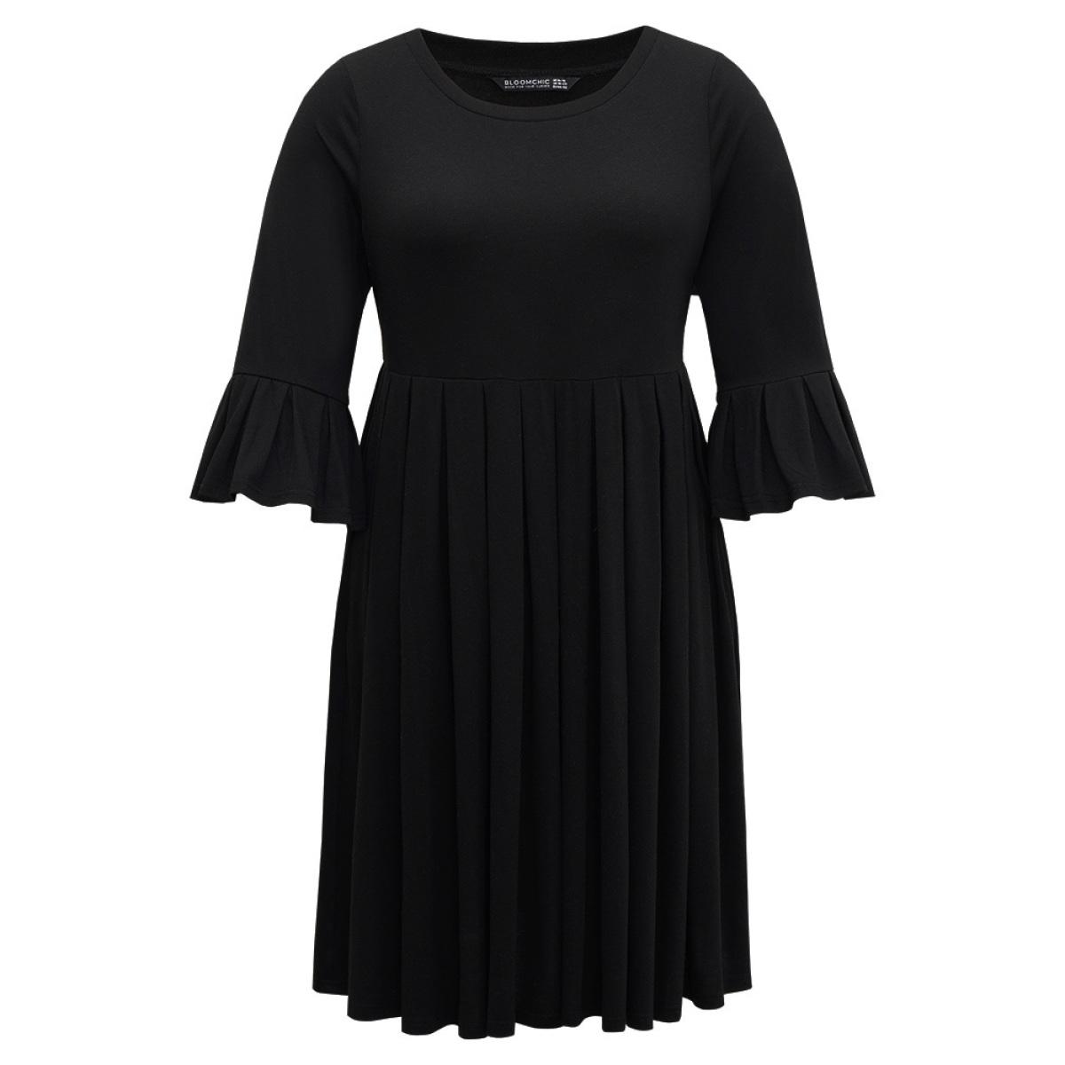 Plus Size Supersoft Essentials Solid Ruffles Pleated Dress Black Women Casual Pleated Round Neck Elbow-length sleeve Curvy Midi Dress BloomChic 28/5X Product Image