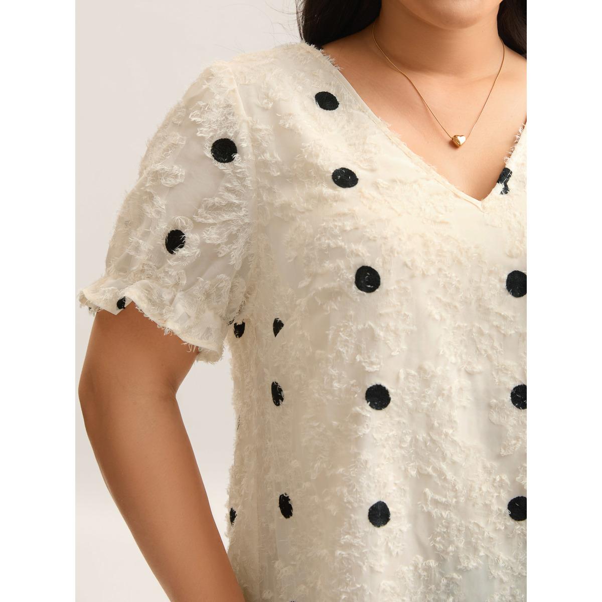 Plus Size Beige Textured Dots V-Neck Puff Sleeve Blouse Women Timeless Short sleeve V-neck Elegant Blouses BloomChic 26/4X Product Image