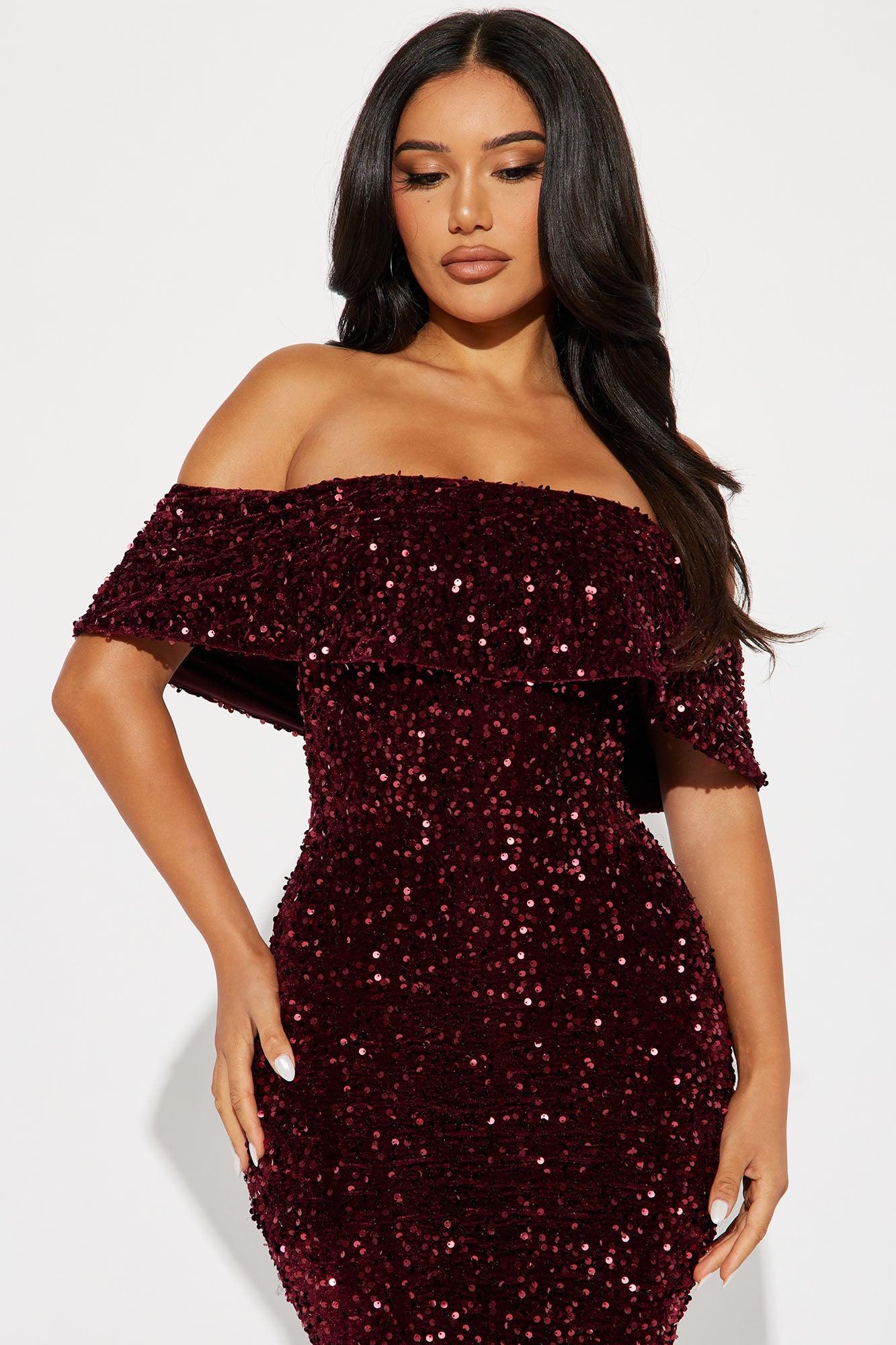 Evelyn Sequin Midi Dress - Burgundy Product Image