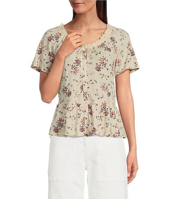 Lucky Brand Knit Floral Print Crew Neck Short Sleeve Peplum Tee Product Image