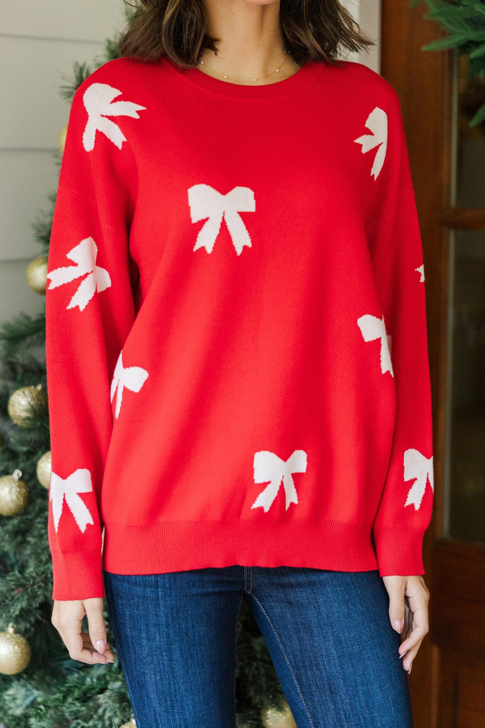 Tied With A Bow Red Ribbon Print Sweater Female Product Image