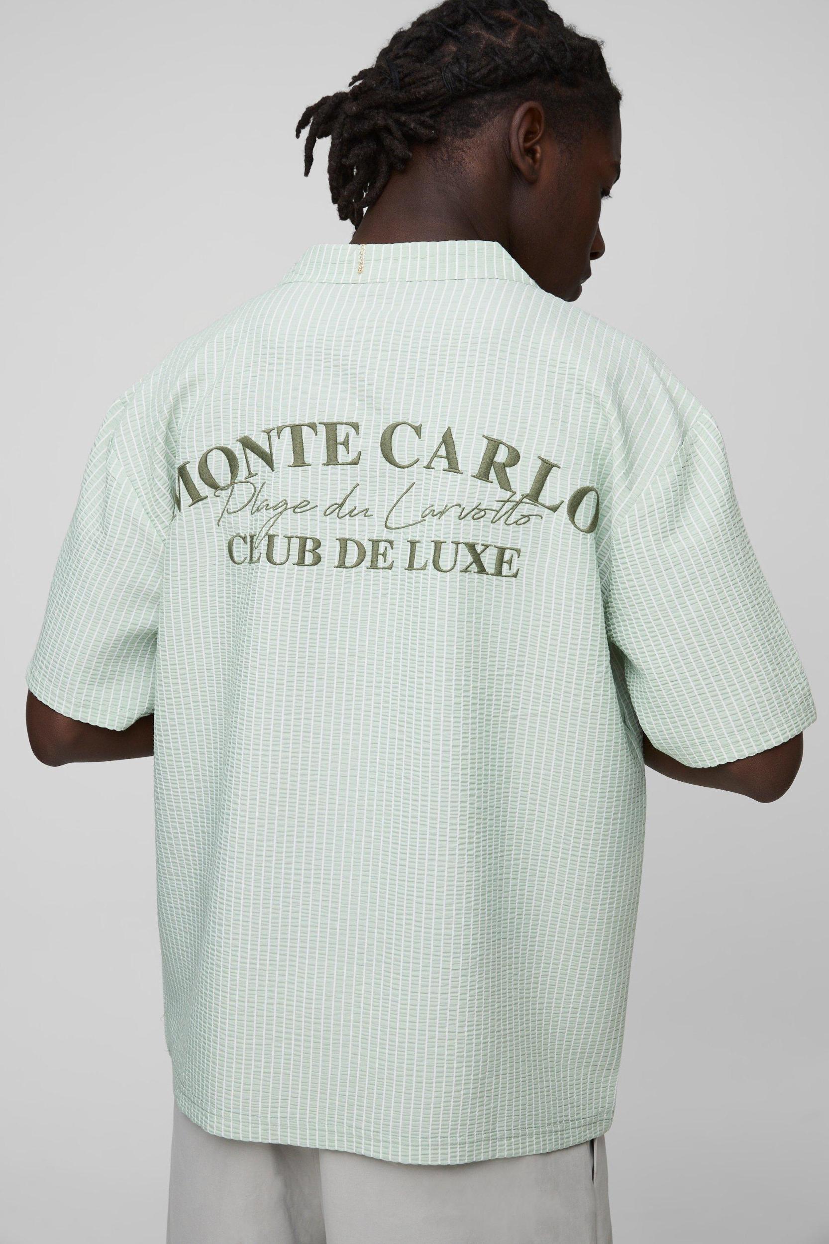 Oversized Embroidered Stripe Seersucker Revere Shirt | boohooMAN USA Product Image