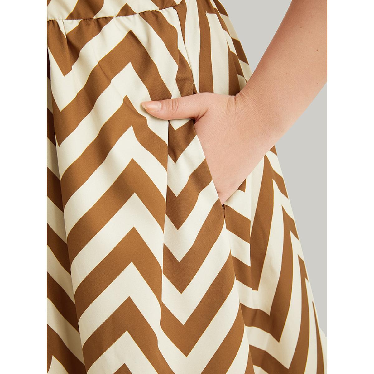 Plus Size Geometric Print Shirt Collar Button Through Dress Bronze Women Office Printed Shirt collar Short sleeve Curvy Midi Dress BloomChic 10/M Product Image