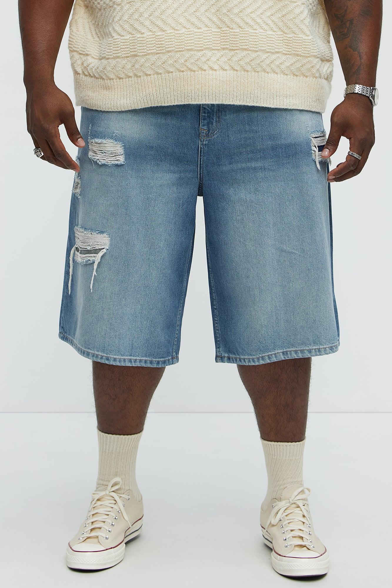 Say It Distressed Baggy Denim Shorts - Medium Blue Wash Male Product Image