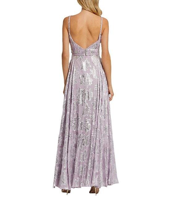 Mac Duggal Double V-Neck Braided Strap Ruched Floral Chiffon A-Line Gown Product Image