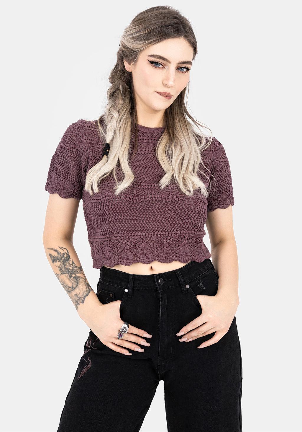 Hooked Pointelle Short Sleeve Crop Top - Purple Product Image