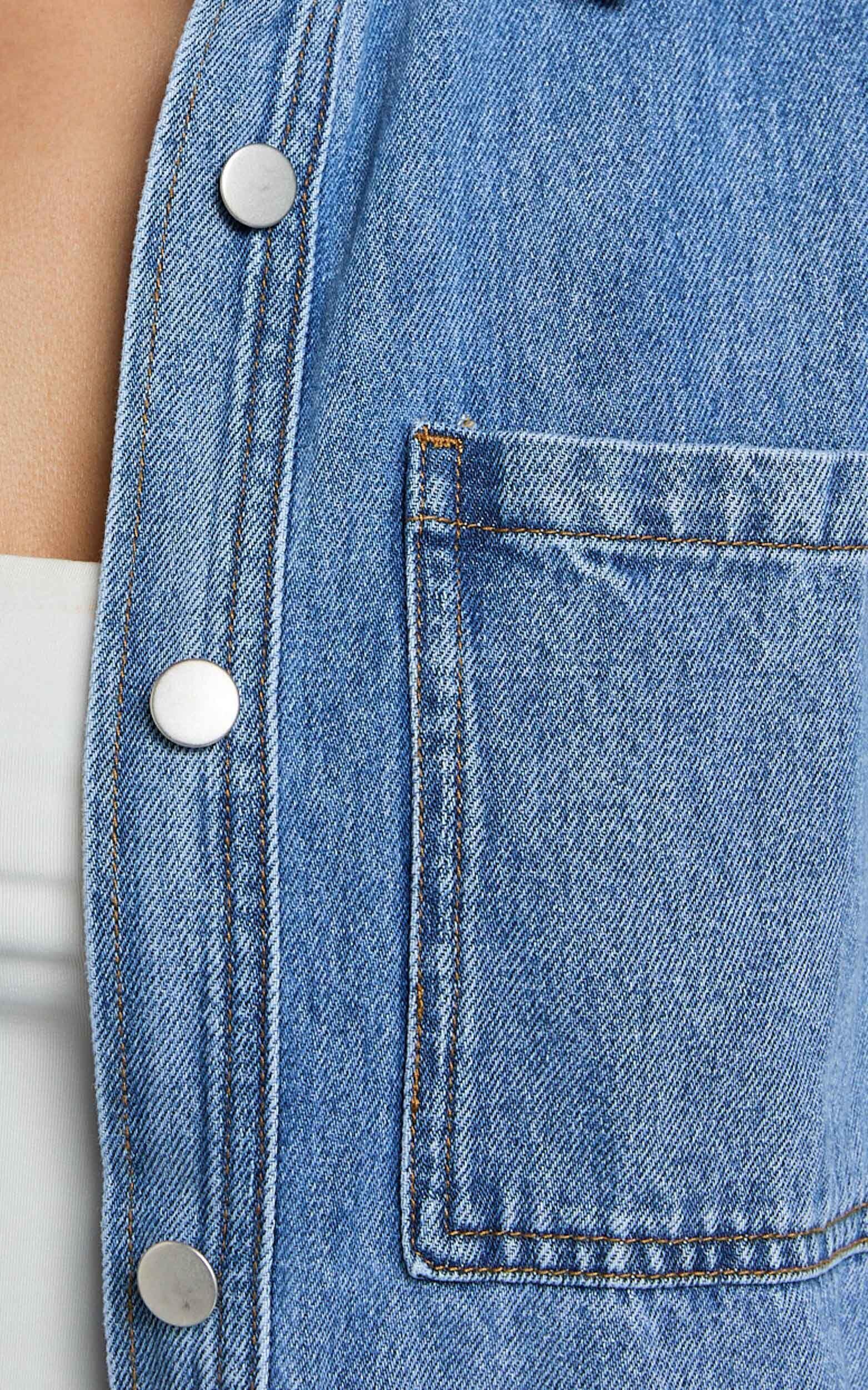 Rhianna Top - Oversized Recycled Denim Hardware Detail Short Sleeve Shirt in Mid Blue Wash Product Image