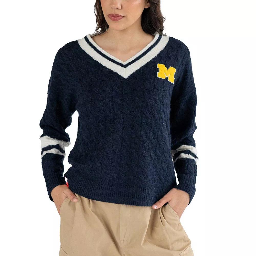 Women's Lusso Navy Michigan Wolverines Stella Cable Knit V-Neck Pullover Sweater,  Product Image