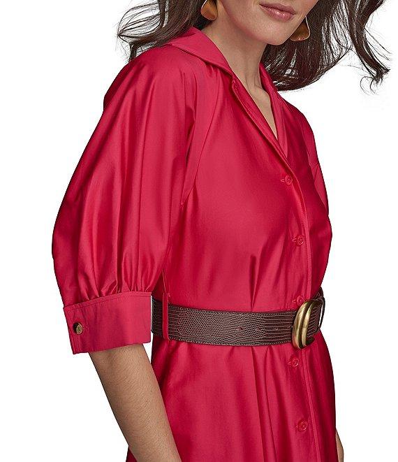 Donna Karan Cotton Sateen Collared Neck Short Sleeve Belted Midi Shirt Dress Product Image