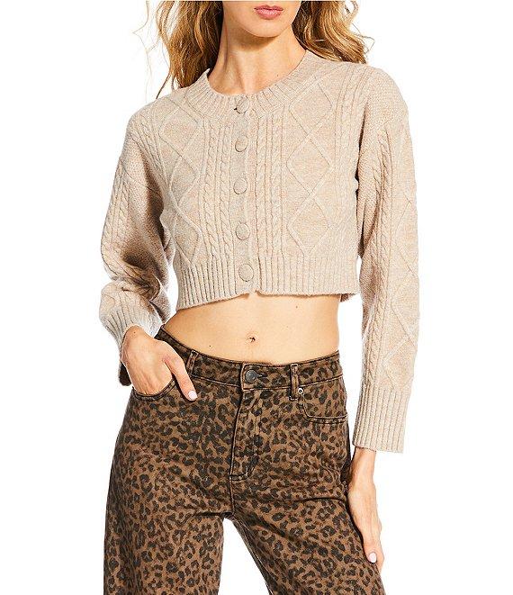 Gianni Bini Wool Blend Cable Crew Neck Long Sleeve Cardigan Product Image