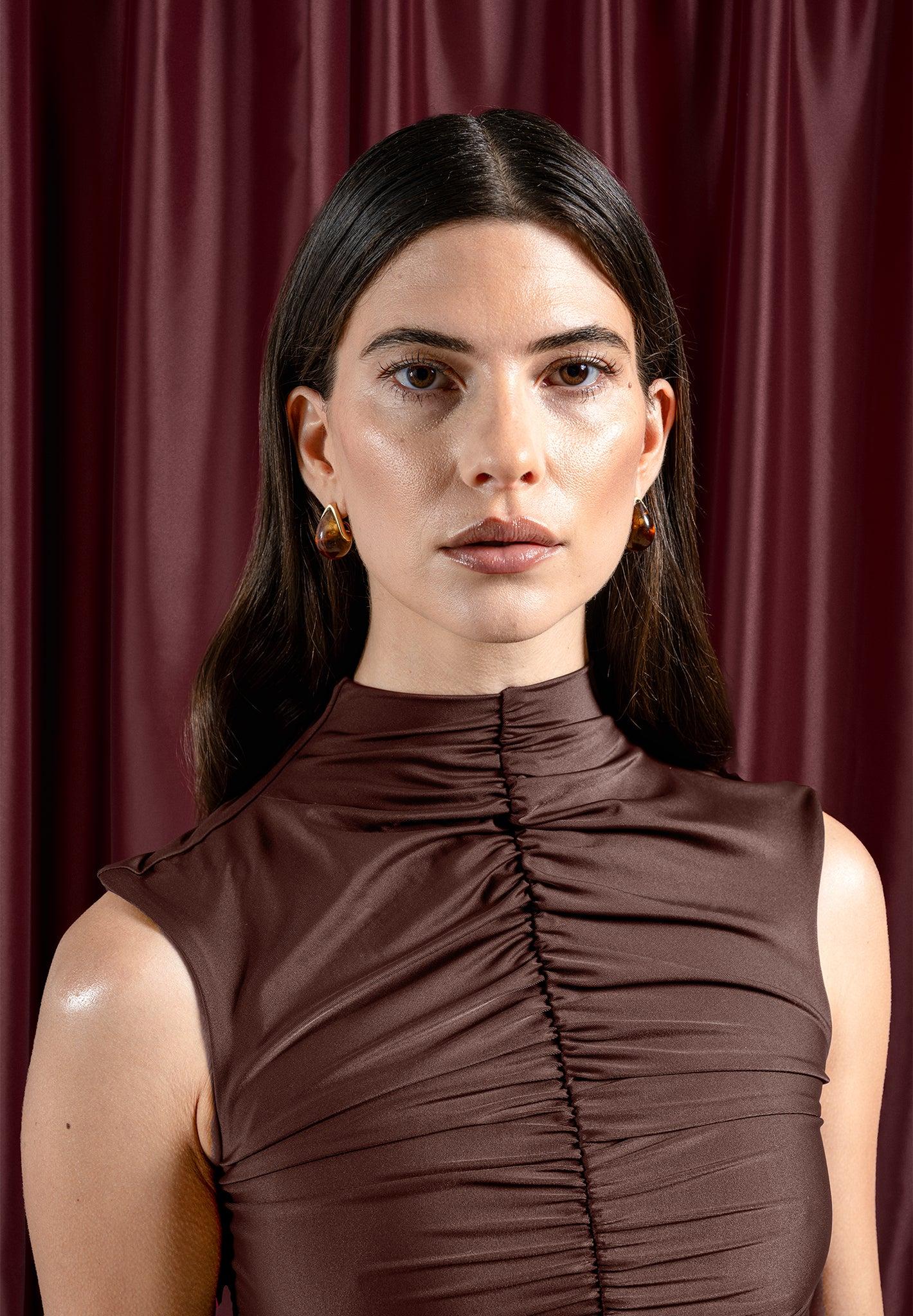 Cap Sleeve Ruched Jumpsuit - Brown Female Product Image