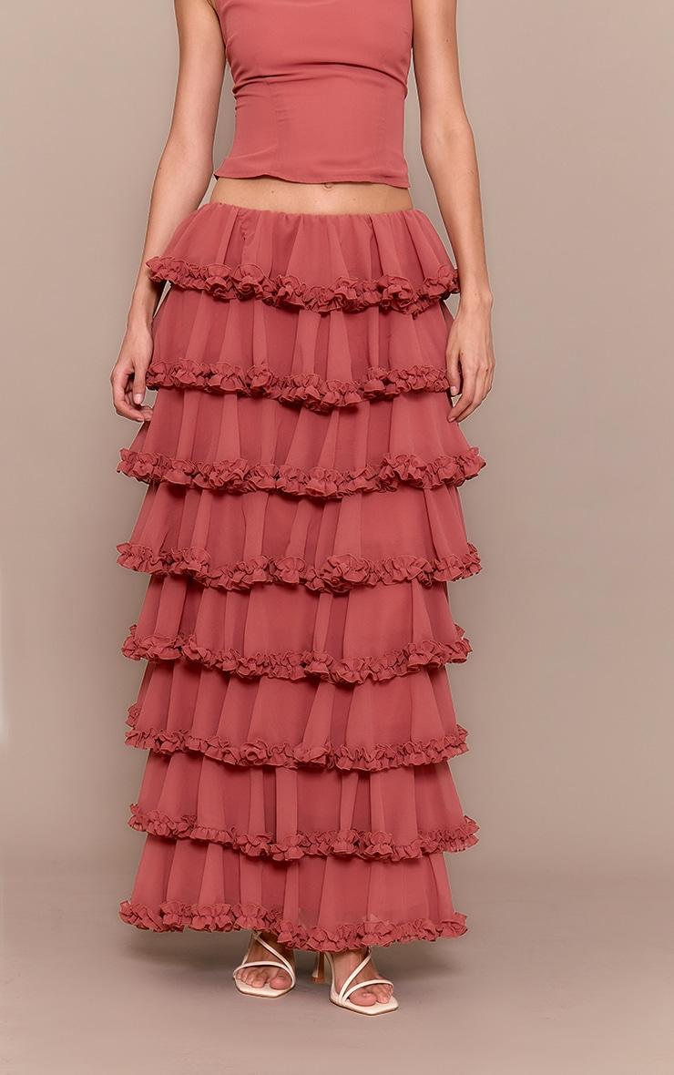 Blush Rose Chiffon Tiered Frill Maxi Skirt Product Image