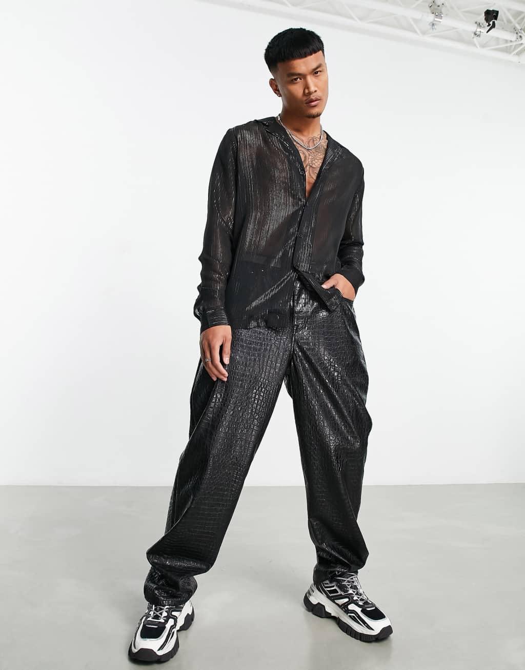 ASOS DESIGN regular shirt sheer with gold stripe Product Image