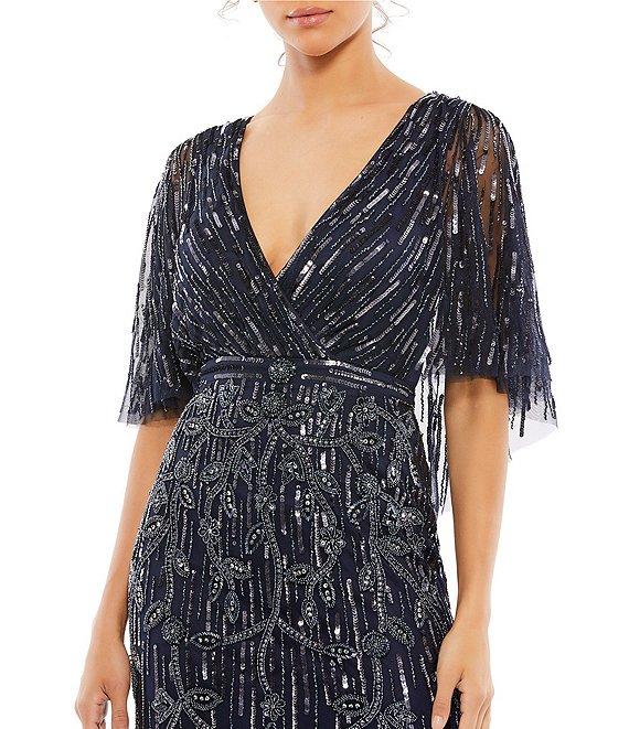 Mac Duggal V-Neck Capelete Sleeve Beaded A-Line Gown Product Image