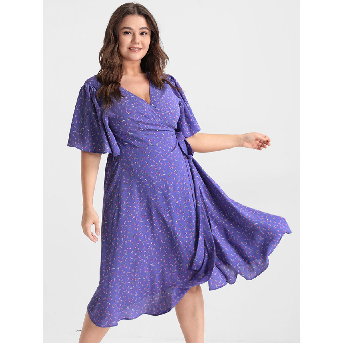 Plus Size Ditsy Floral Knotted Ruffled Split Midi Dress BlueViolet Women Elegant Wrap V-neck Short sleeve Curvy Midi Dress BloomChic 28/5X Product Image