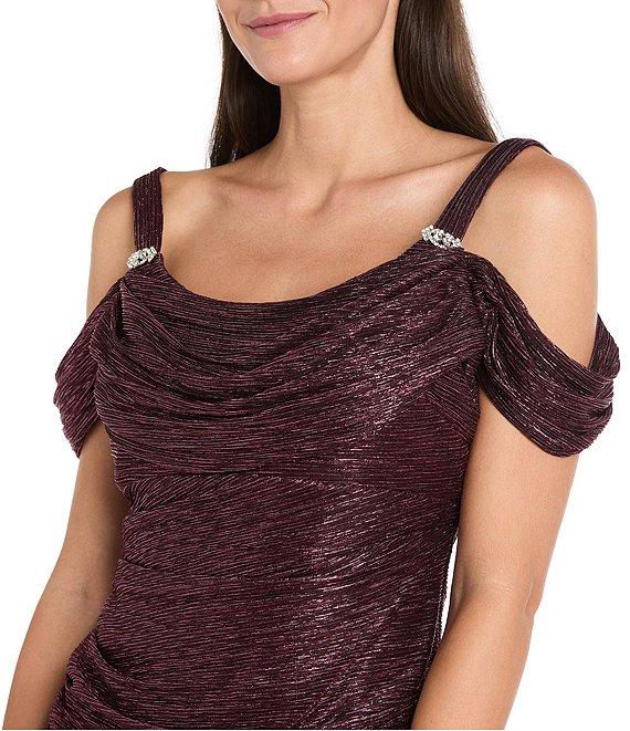 R & M Richards Festival Crinkle Cowl Neck Cold Shoulder Sleeve Metallic Gown Product Image