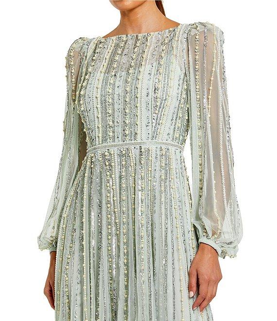 Mac Duggal Embellished Mesh Striped Beaded Boat Neck Long Sleeve Gown Product Image