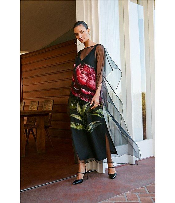 Trina Turk Salon Floral Placement Organza Boat Neck Butterfly Sleeve Dress Product Image