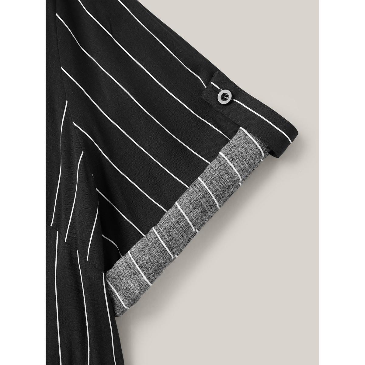 Plus Size Black Striped Waist-Tie Pockets Blouse Women Office Elbow-length sleeve Notched collar Office Blouses BloomChic 22-24/3X Product Image