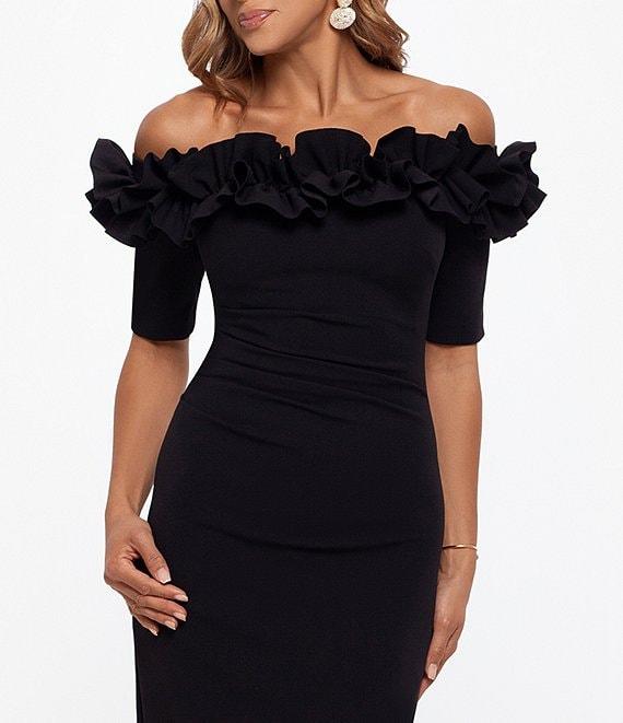 Xscape Petite Size Ruffled Off-the-Shoulder Short Sleeve Crepe Sheath Gown Product Image