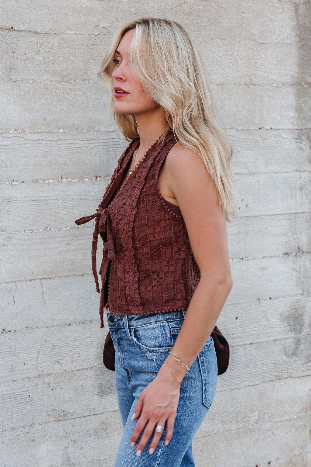 Brown Lace Eyelet Tie Front Vest - FINAL SALE Product Image