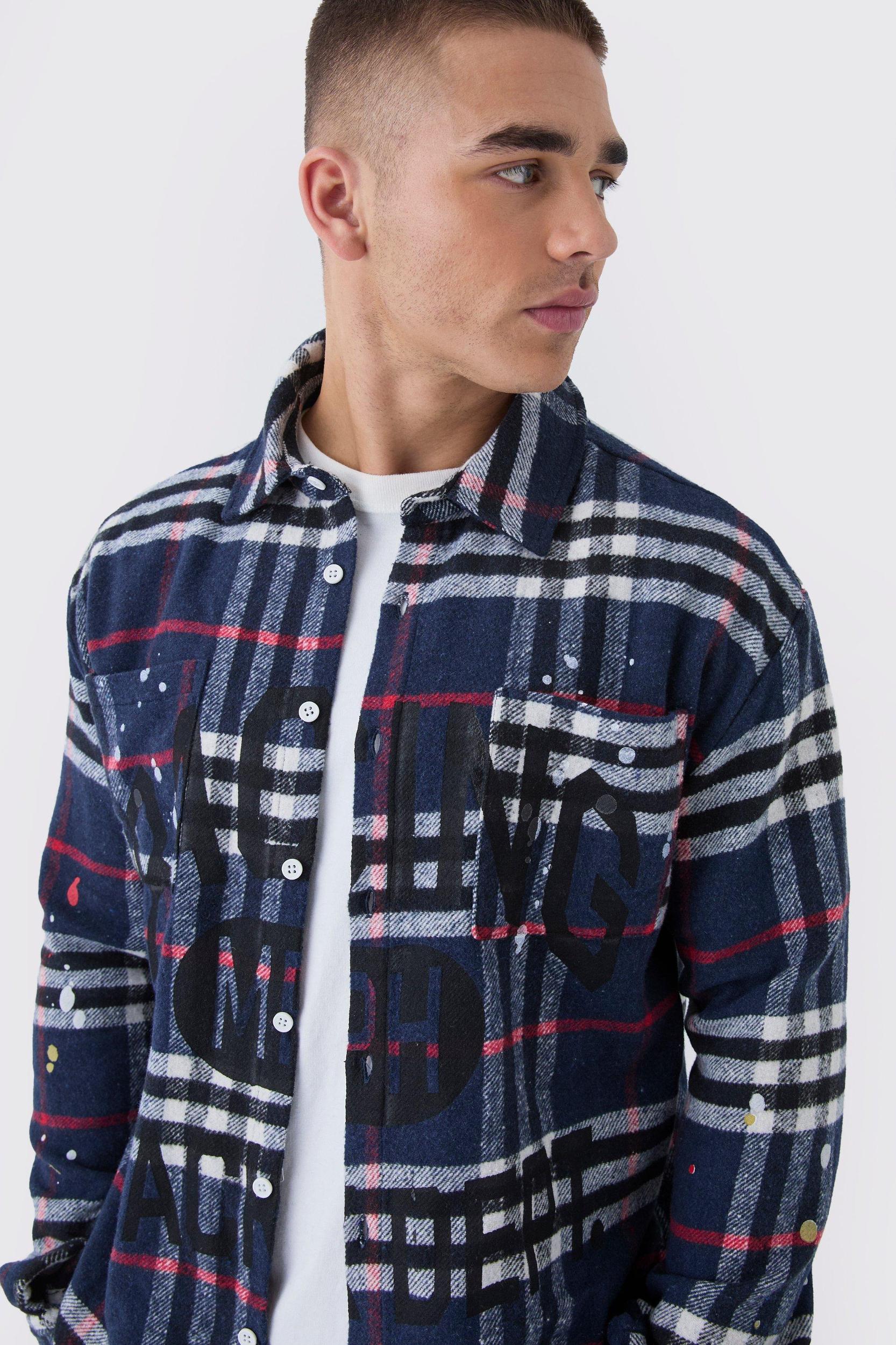 Oversized Paint Splatter Flannel Shirt | boohooMAN USA Product Image