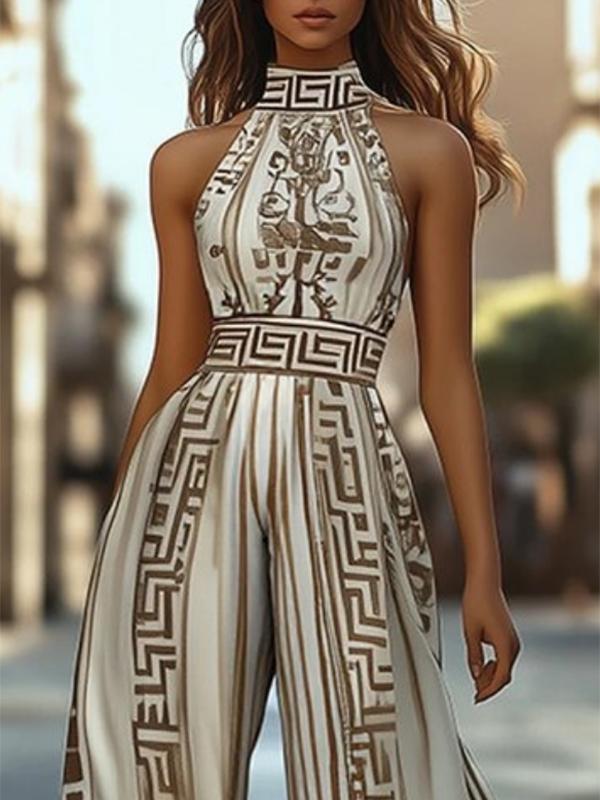 Sleeveless Wide Leg Printed Halter-Neck Jumpsuits Product Image