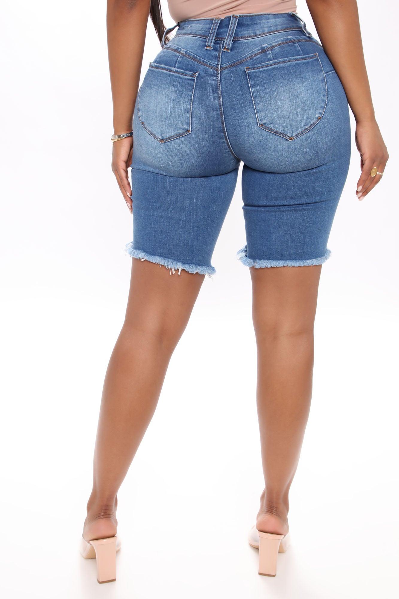 Corinna Booty Lifting Denim Bermudas - Medium Blue Wash Product Image