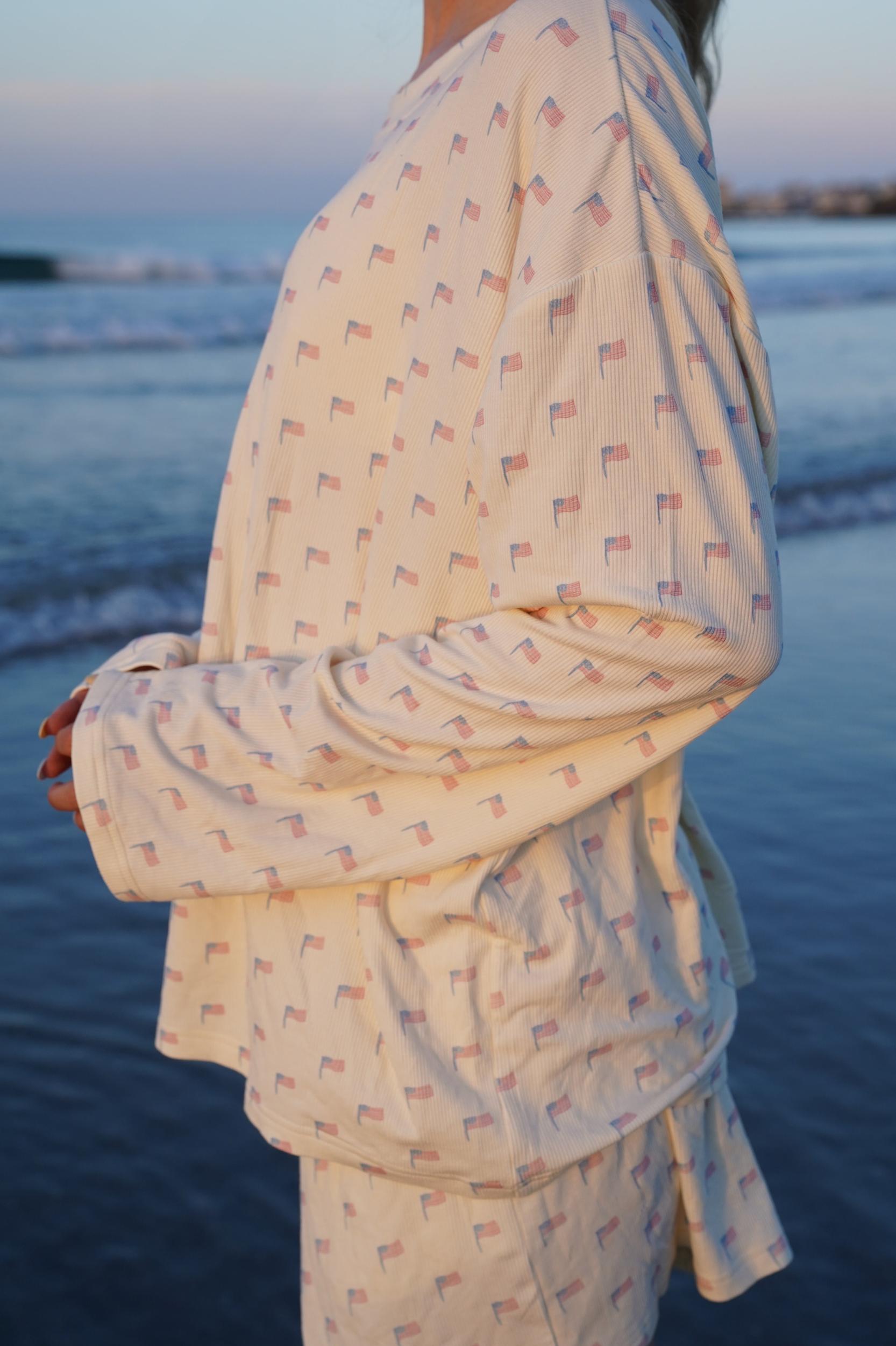 Pale Yellow American Flag Pajama Pattern Top Product Image