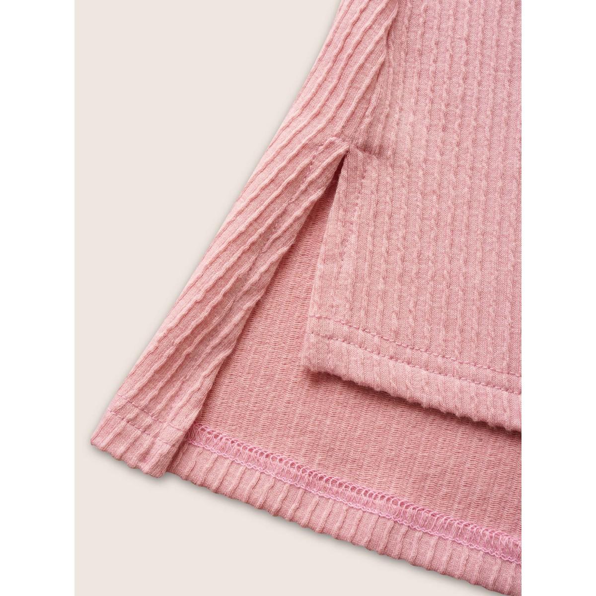 Plus Size Plain Textured Raglan Sleeve Split Hem T-shirt Pink Women Casual Patchwork V-neck Everyday T-shirts BloomChic 12/L Product Image