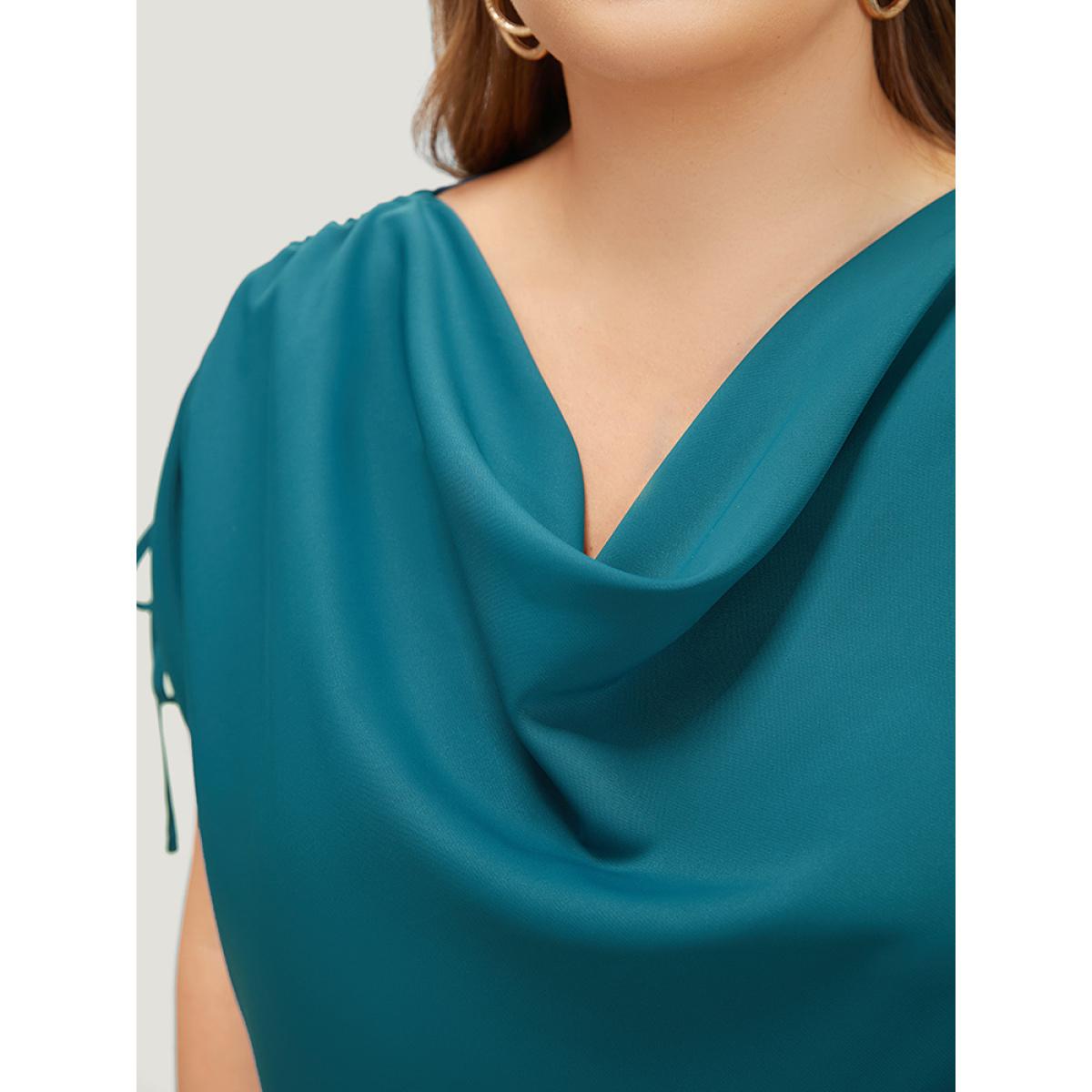 Plus Size Aegean Solid Cowl Neck Drawstring Sleeve Blouse Women Office Short sleeve Cowl Neck Work Blouses BloomChic 26/4X Product Image
