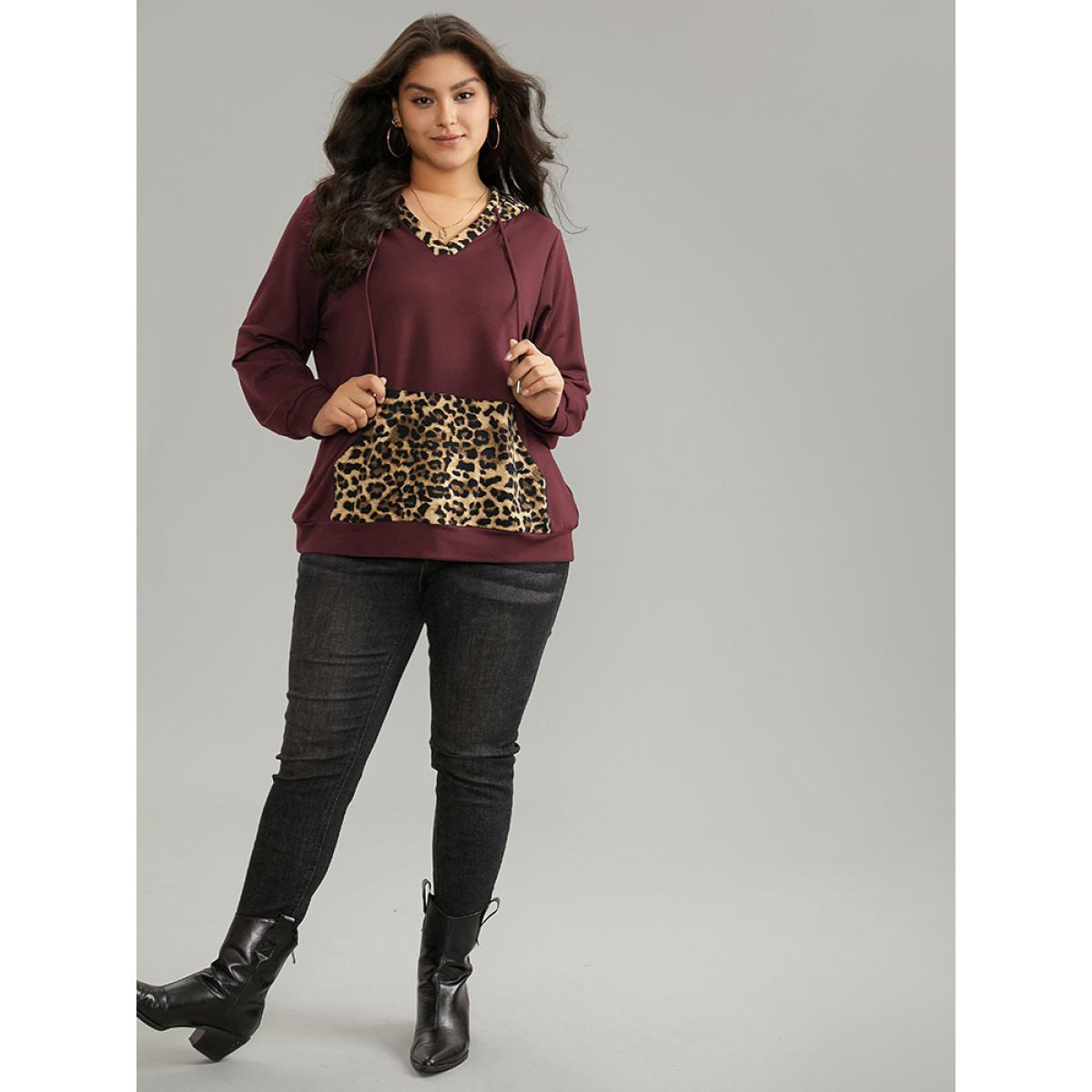 Plus Size Leopard Patchwork Kangaroo Pocket Hooded Sweatshirt Women Burgundy Casual Contrast Hooded Dailywear Sweatshirts BloomChic 18-20/2X Product Image