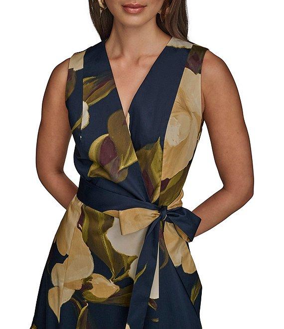 Donna Karan Floral Print V-Neck A-Line Midi Dress Product Image