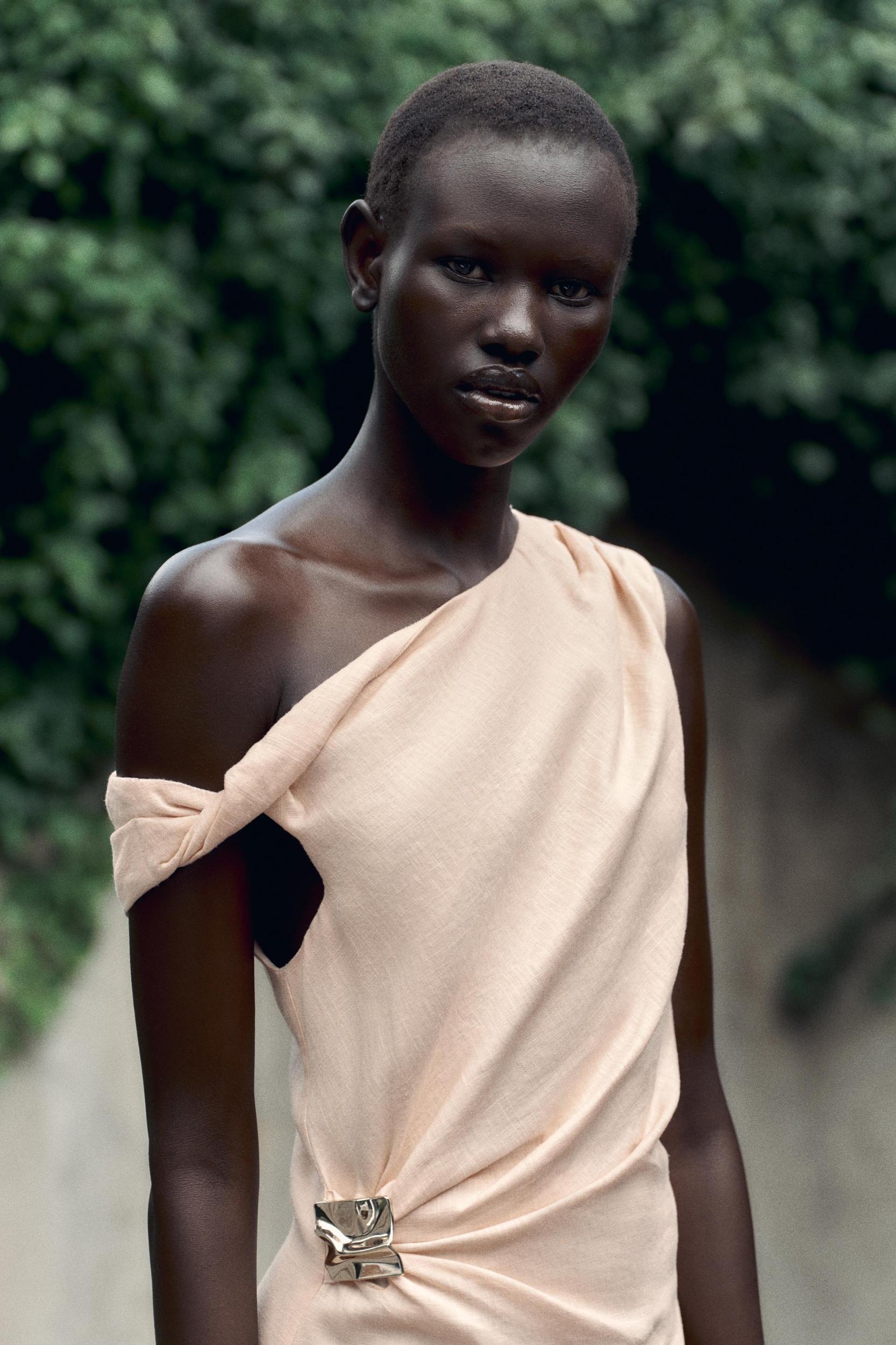 ASYMMETRIC LINEN-BLEND MIDI DRESS WITH APPLIQUÉ Product Image