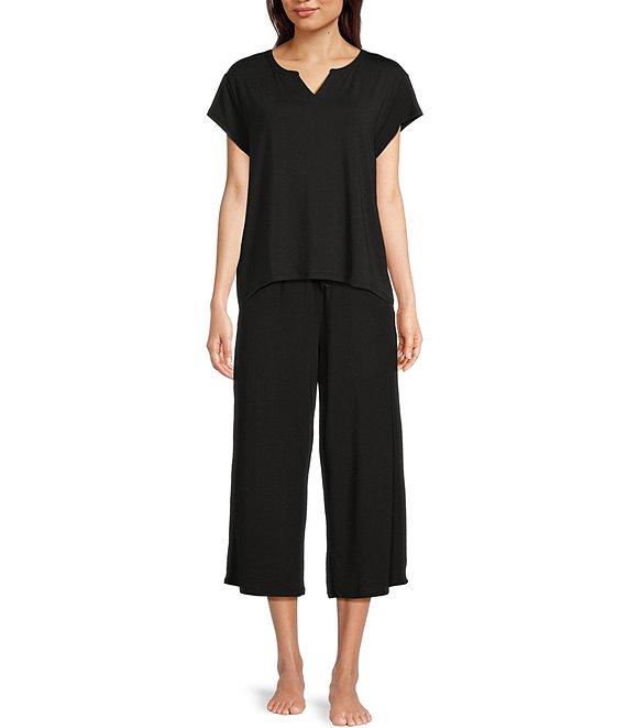 Nottibianche Split Round Neck Short Sleeve Coordinating Solid Knit Sleep Top Product Image