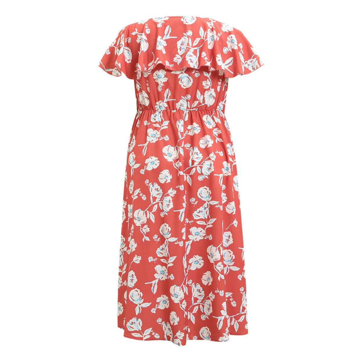 Plus Size Floral Printed Ruffle Trim Pocket V Neck Split Hem Dress Coral Women Elegant Elastic Waist V-neck Sleeveless Curvy Midi Dress BloomChic 28/5X Product Image