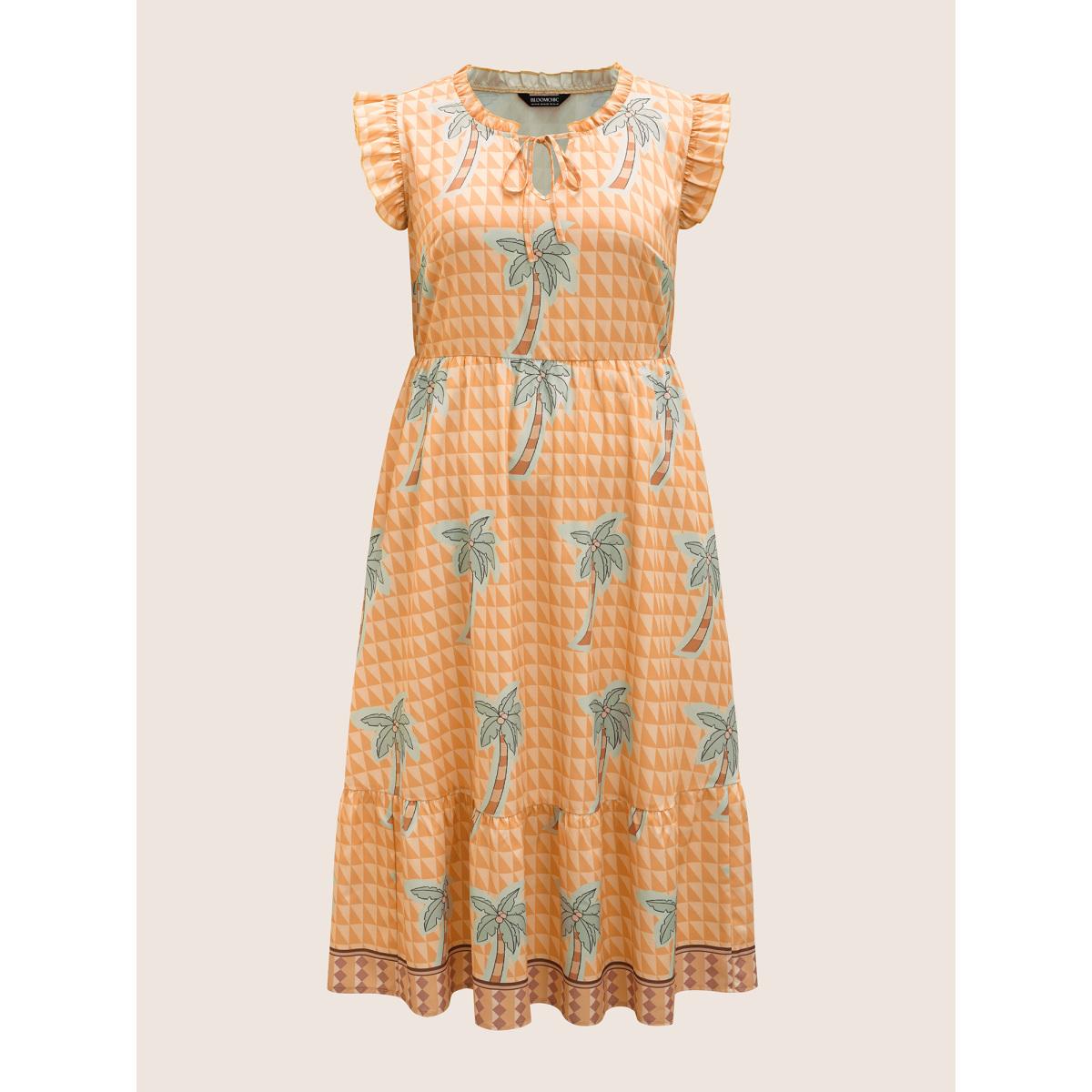 Plus Size Tropical Print Tie Knot Ruffle Cap Sleeve Dress Lightorange Women Resort Tie knot Round Neck Cap Sleeve Curvy BloomChic 30/6X Product Image