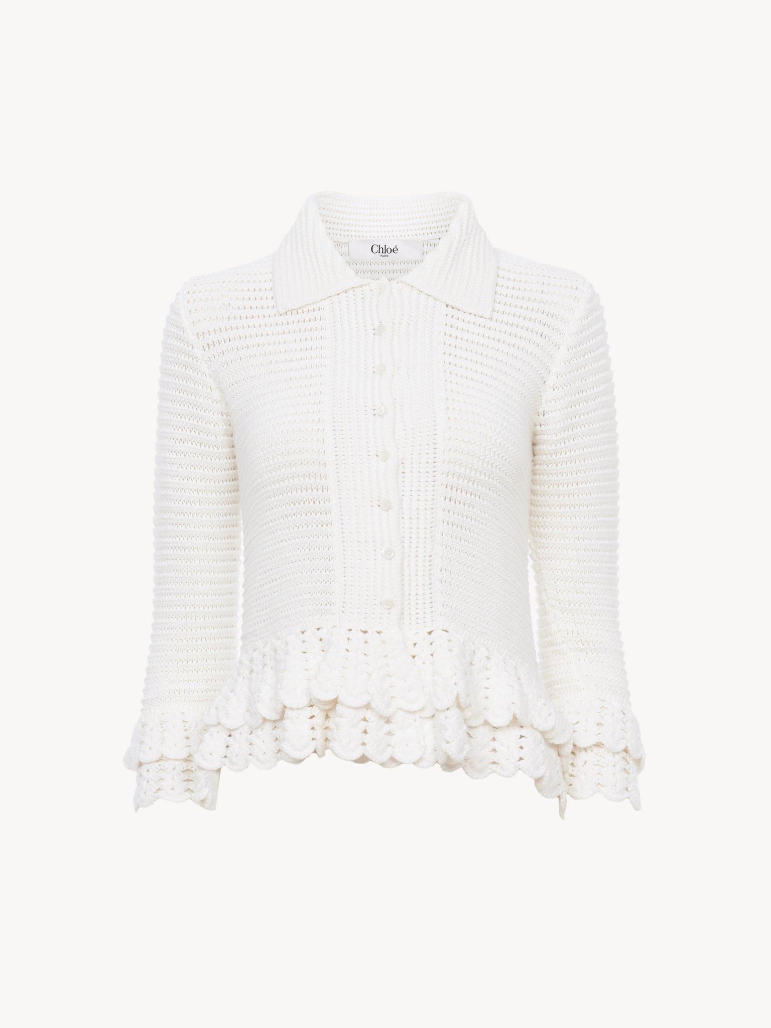 Fitted ruffled cardigan in crochet knit Product Image