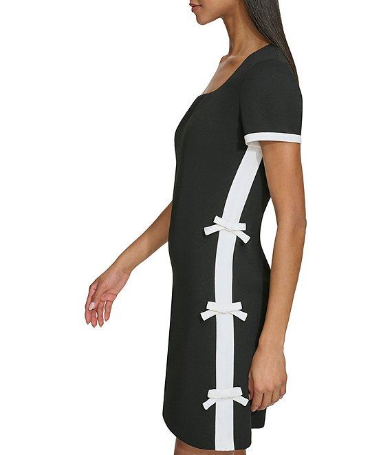 KARL LAGERFELD PARIS Stretch Crepe Square Neck Short Sleeve Side Bow Sheath Dress Product Image