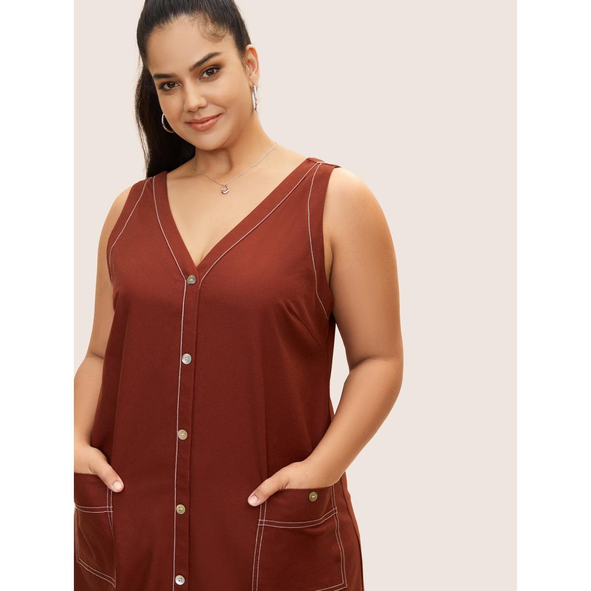 Plus Size Contrast Trim Patch Pocket Tank Dress Maroon Women Casual V-neck Sleeveless Curvy BloomChic 12/L Product Image